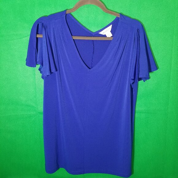 Liz Claiborne Womens Size Large V-neck Blue Slit Flutter Sleeve Office Party - Picture 1 of 4